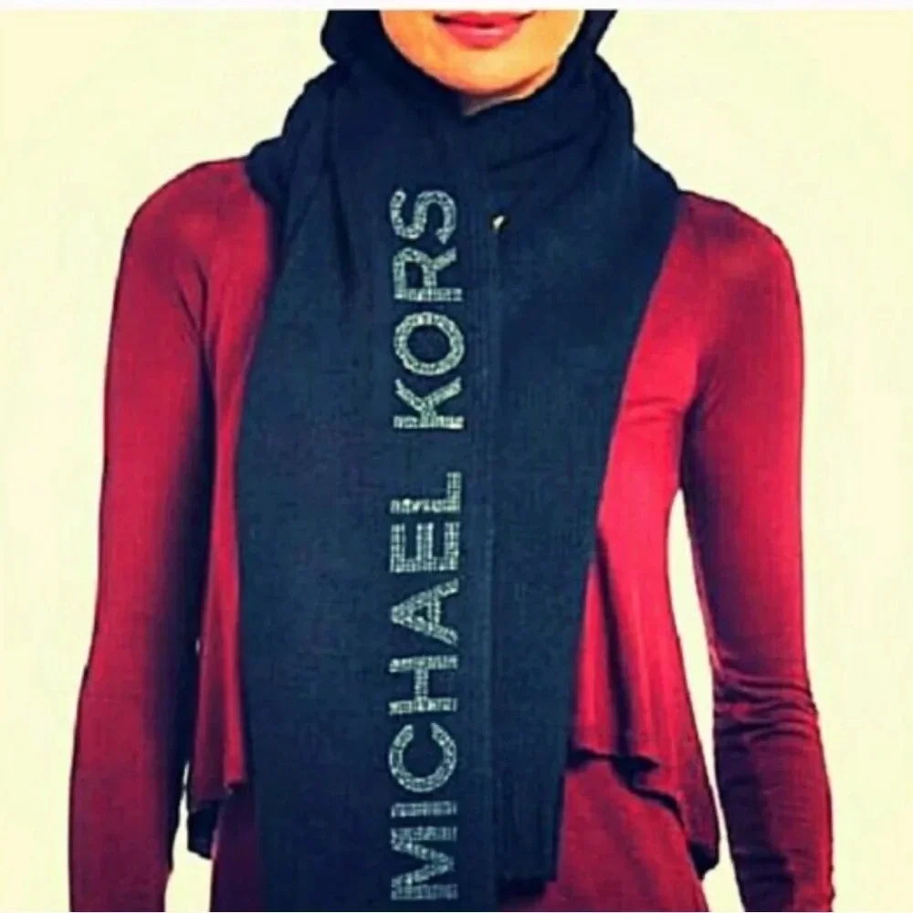 Michael Kors Studded Logo Scarf Black 536603 shimmery rhinstone Lurex studs
